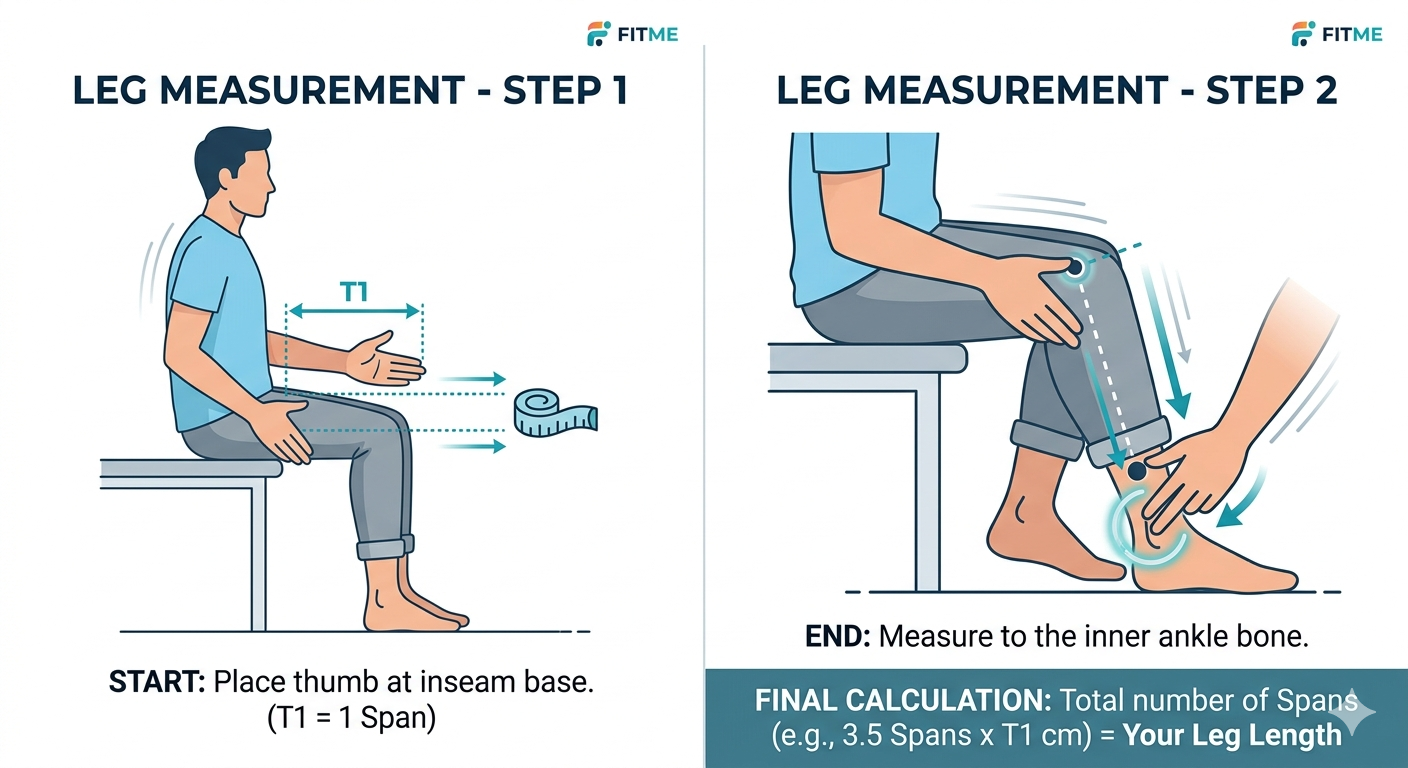 Leg length measurement guide — greater trochanter to ankle in two steps