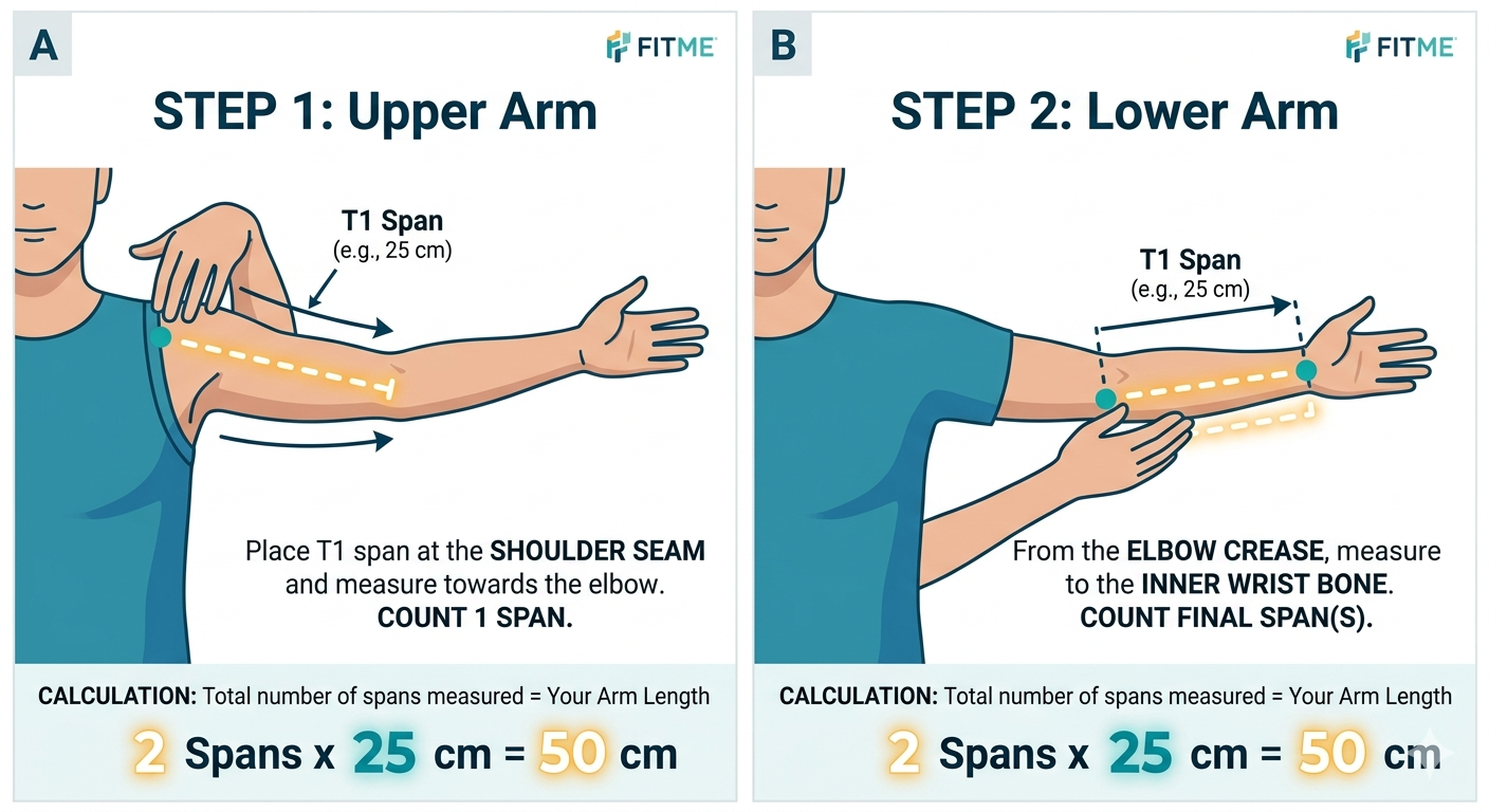 Arm length measurement guide — upper arm and lower arm with hand spans