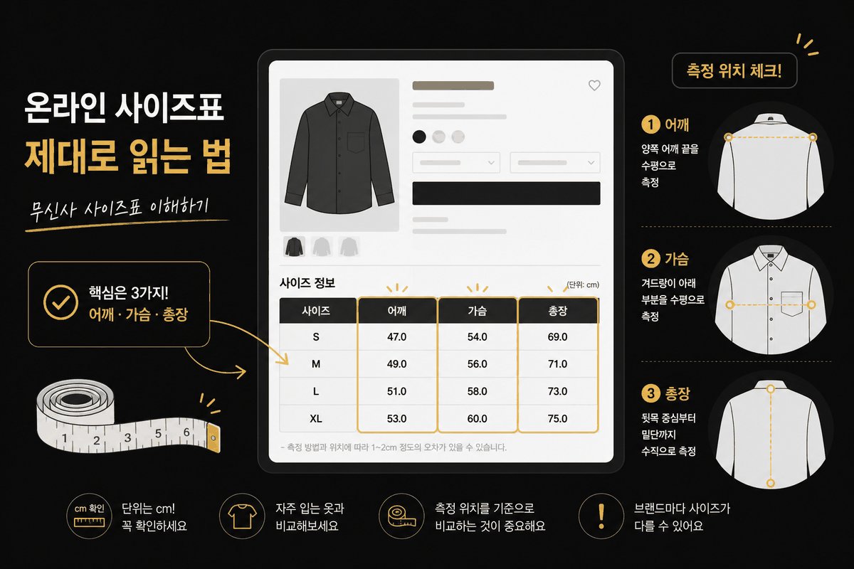 무신사식 실측 사이즈표 — 어깨·가슴·총장 cm 비교 일러스트