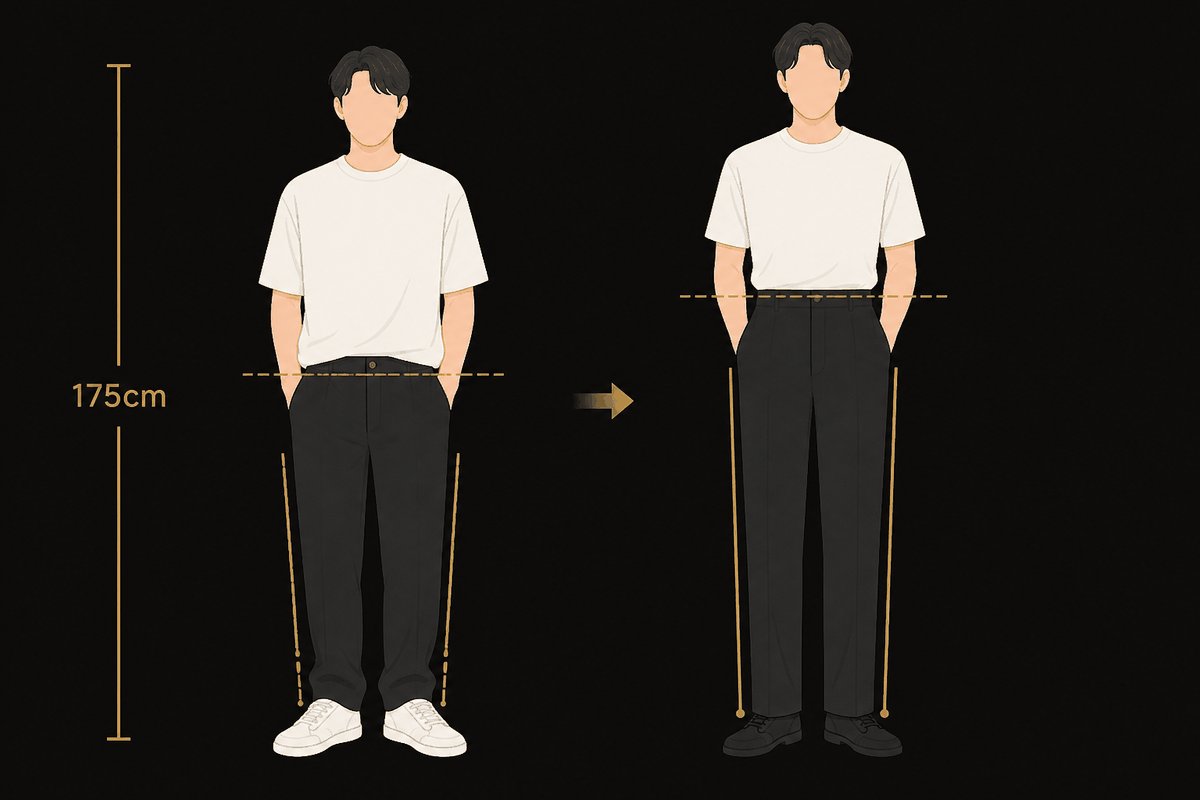 하이라이즈·바지-신발 색 맞춤으로 다리 선이 길어 보이는 코디 비교 일러스트