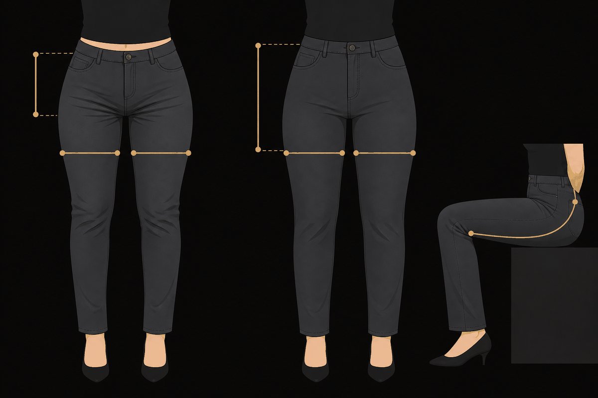 Pants fit comparison highlighting thigh room and rise length